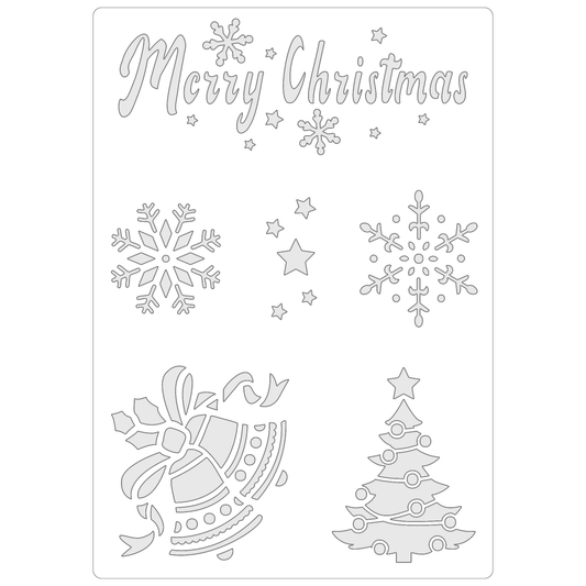 Reusable Stencil - Professional Quality - Merry Christmas & More - Made in the UK - Food Safe Non Adhesive -  White Laser Cut PET Material for Cakes, Cookies, Coffees, Serving Plates