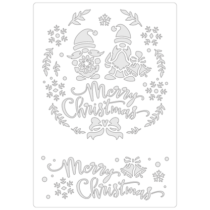 Reusable Stencil - Professional Quality - Merry Christmas Gnomes - Made in the UK - Food Safe Non Adhesive -  White Laser Cut PET Material for Cakes, Cookies, Coffees, Serving Plates