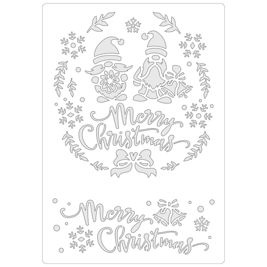 Reusable Stencil - Professional Quality - Merry Christmas Gnomes - Made in the UK - Food Safe Non Adhesive -  White Laser Cut PET Material for Cakes, Cookies, Coffees, Serving Plates
