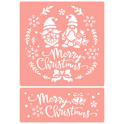 Reusable Stencil - Professional Quality - Merry Christmas Gnomes - Made in the UK - High Adhesive -  Pink Vinyl Material for Glass, Mirrors, Bottles, Tiles, Wood