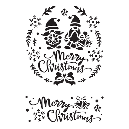 Reusable Stencil - Professional Quality - Merry Christmas Gnomes - Made in the UK - Food Safe Non Adhesive -  White Laser Cut PET Material for Cakes, Cookies, Coffees, Serving Plates