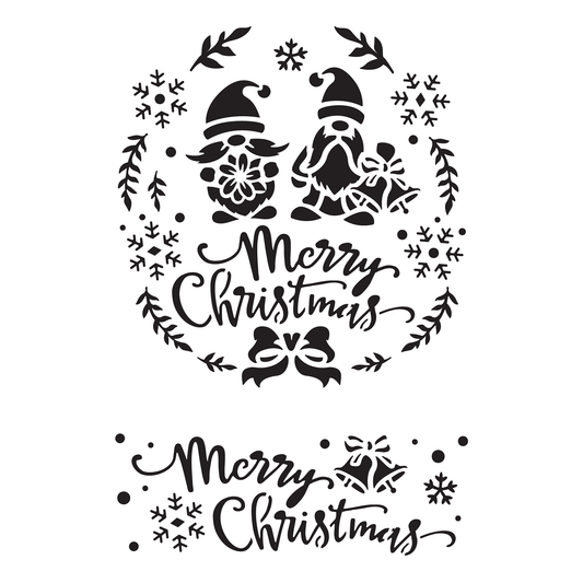 Reusable Stencil - Professional Quality - Merry Christmas Gnomes - Made in the UK - Food Safe Non Adhesive -  White Laser Cut PET Material for Cakes, Cookies, Coffees, Serving Plates