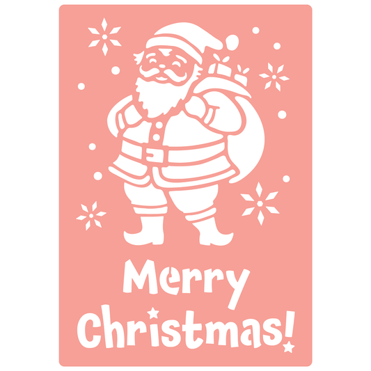 Reusable Stencil - Professional Quality - Merry Christmas Santa - Made in the UK - High Adhesive -  Pink Vinyl Material for Glass, Mirrors, Bottles, Tiles, Wood