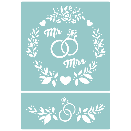 Reusable Stencil - Professional Quality - Mr & Mrs Wedding Rings - Made in the UK - Low Adhesive -  Blue Vinyl Material for Cardmaking, Canvas, Paper, Interior Decor, Layering