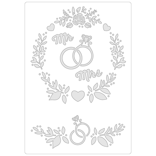 Reusable Stencil - Professional Quality - Mr & Mrs Wedding Rings - Made in the UK - Food Safe Non Adhesive -  White Laser Cut PET Material for Cakes, Cookies, Coffees, Serving Plates