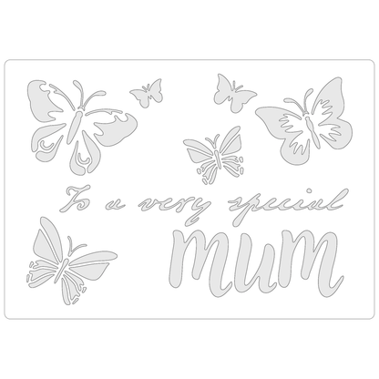 Reusable Stencil - Professional Quality - Mum In Butterflies - Made in the UK - Food Safe Non Adhesive -  White Laser Cut PET Material for Cakes, Cookies, Coffees, Serving Plates