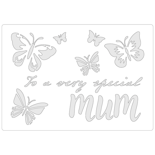 Reusable Stencil - Professional Quality - Mum In Butterflies - Made in the UK - Food Safe Non Adhesive -  White Laser Cut PET Material for Cakes, Cookies, Coffees, Serving Plates