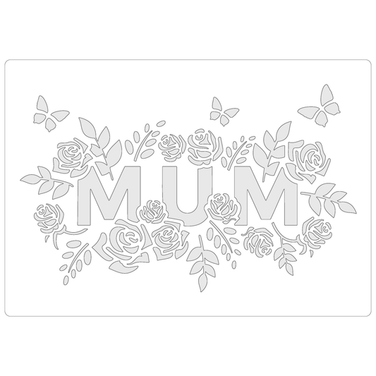 Reusable Stencil - Professional Quality - Mum In Roses - Made in the UK - Food Safe Non Adhesive -  White Laser Cut PET Material for Cakes, Cookies, Coffees, Serving Plates