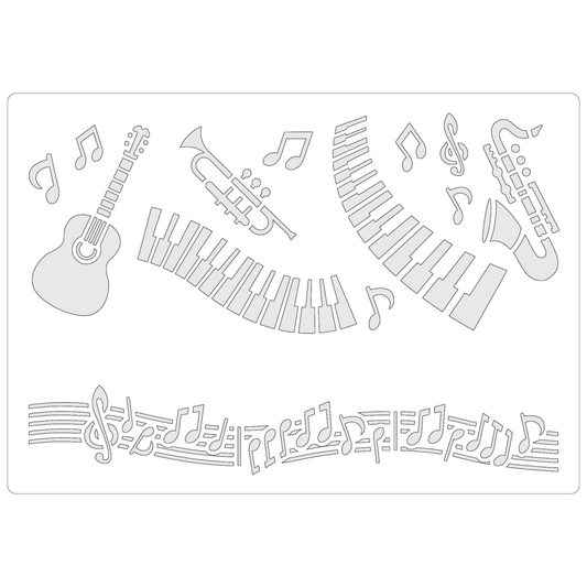 Reusable Stencil - Professional Quality - Musical Motifs - Made in the UK - Food Safe Non Adhesive -  White Laser Cut PET Material for Cakes, Cookies, Coffees, Serving Plates