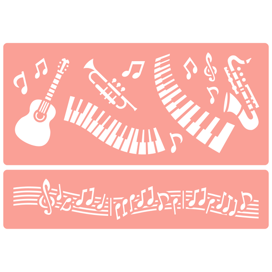 Reusable Stencil - Professional Quality - Musical Motifs - Made in the UK - High Adhesive -  Pink Vinyl Material for Glass, Mirrors, Bottles, Tiles, Wood