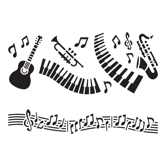 Reusable Stencil - Professional Quality - Musical Motifs - Made in the UK - Food Safe Non Adhesive -  White Laser Cut PET Material for Cakes, Cookies, Coffees, Serving Plates