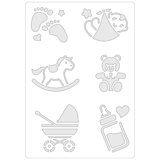 Reusable Stencil - Professional Quality - Newborn Selection - Made in the UK - Food Safe Non Adhesive -  White Laser Cut PET Material for Cakes, Cookies, Coffees, Serving Plates