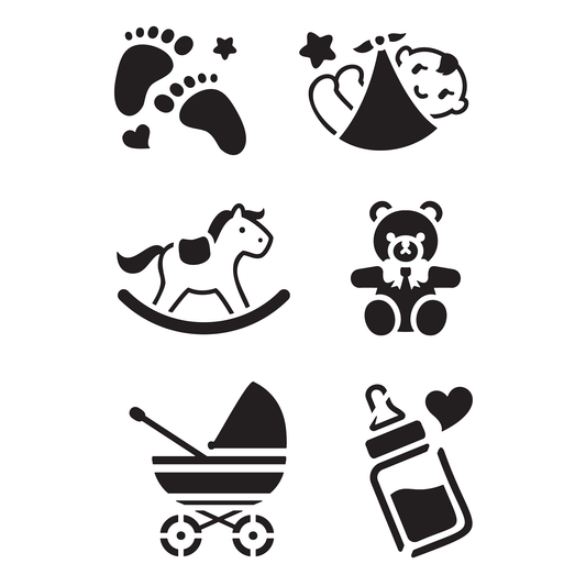 Reusable Stencil - Professional Quality - Newborn Selection - Made in the UK - Food Safe Non Adhesive -  White Laser Cut PET Material for Cakes, Cookies, Coffees, Serving Plates