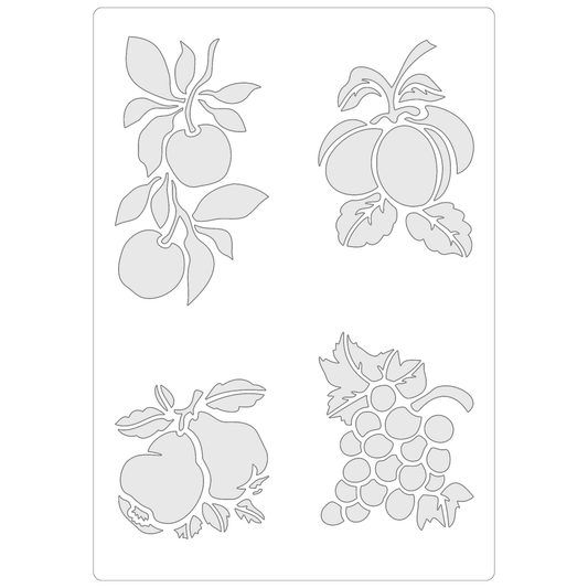 Reusable Stencil - Professional Quality - Orchard Fruit - Made in the UK - Food Safe Non Adhesive -  White Laser Cut PET Material for Cakes, Cookies, Coffees, Serving Plates