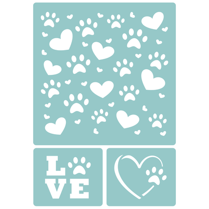 Reusable Stencil - Professional Quality - Paws & Hearts #1 - Made in the UK - Low Adhesive -  Blue Vinyl Material for Cardmaking, Canvas, Paper, Interior Decor, Layering