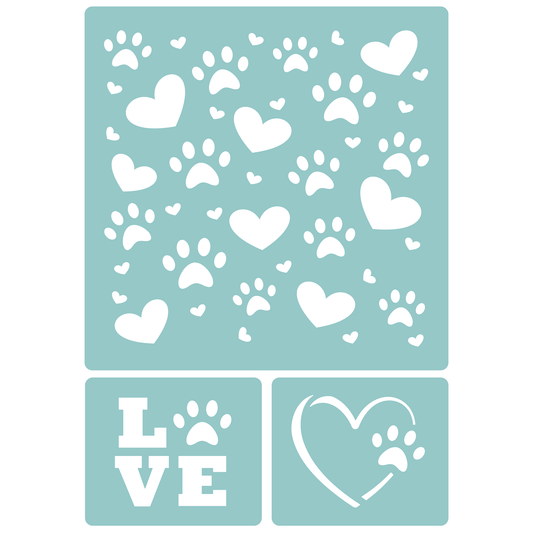 Reusable Stencil - Professional Quality - Paws & Hearts #1 - Made in the UK - Low Adhesive -  Blue Vinyl Material for Cardmaking, Canvas, Paper, Interior Decor, Layering