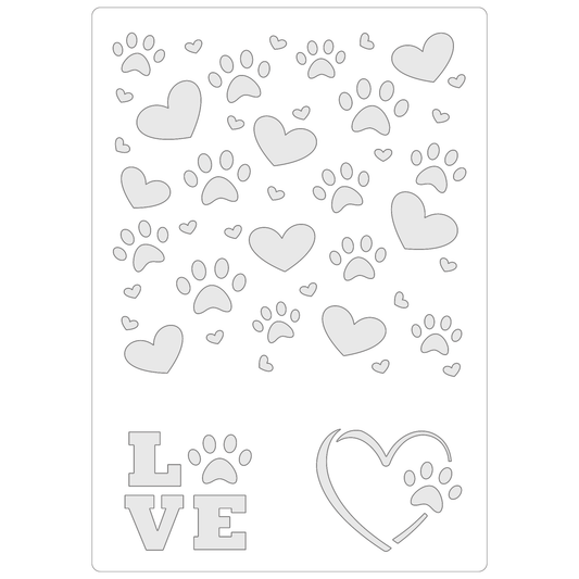 Reusable Stencil - Professional Quality - Paws & Hearts #1 - Made in the UK - Food Safe Non Adhesive -  White Laser Cut PET Material for Cakes, Cookies, Coffees, Serving Plates