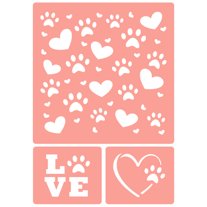 Reusable Stencil - Professional Quality - Paws & Hearts #1 - Made in the UK - High Adhesive -  Pink Vinyl Material for Glass, Mirrors, Bottles, Tiles, Wood