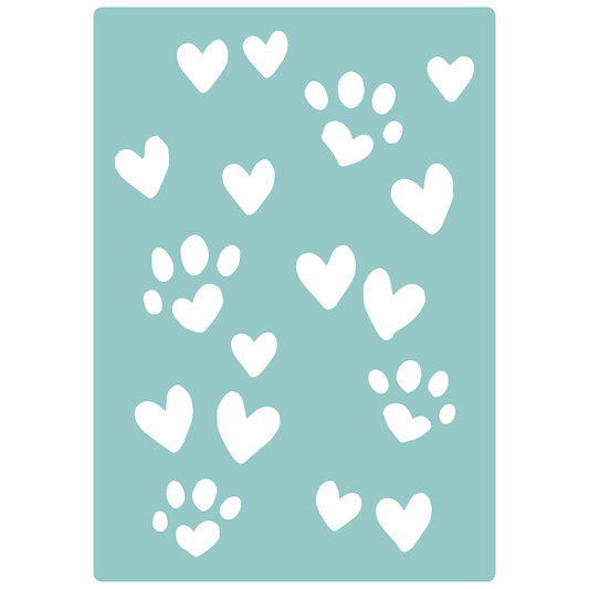 Reusable Stencil - Professional Quality - Paws & Hearts #2 - Made in the UK - Low Adhesive -  Blue Vinyl Material for Cardmaking, Canvas, Paper, Interior Decor, Layering