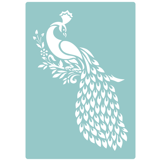 Reusable Stencil - Professional Quality - Peaceful Peacock - Made in the UK - Low Adhesive -  Blue Vinyl Material for Cardmaking, Canvas, Paper, Interior Decor, Layering