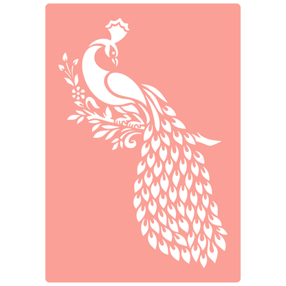 Reusable Stencil - Professional Quality - Peaceful Peacock - Made in the UK - High Adhesive -  Pink Vinyl Material for Glass, Mirrors, Bottles, Tiles, Wood