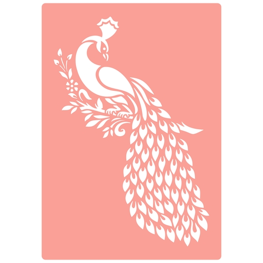 Reusable Stencil - Professional Quality - Peaceful Peacock - Made in the UK - High Adhesive -  Pink Vinyl Material for Glass, Mirrors, Bottles, Tiles, Wood