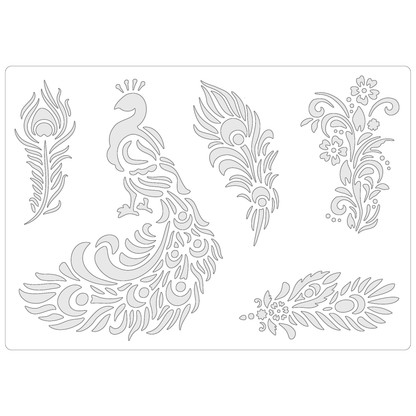 Reusable Stencil - Professional Quality - Peacock Selection - Made in the UK - Food Safe Non Adhesive -  White Laser Cut PET Material for Cakes, Cookies, Coffees, Serving Plates