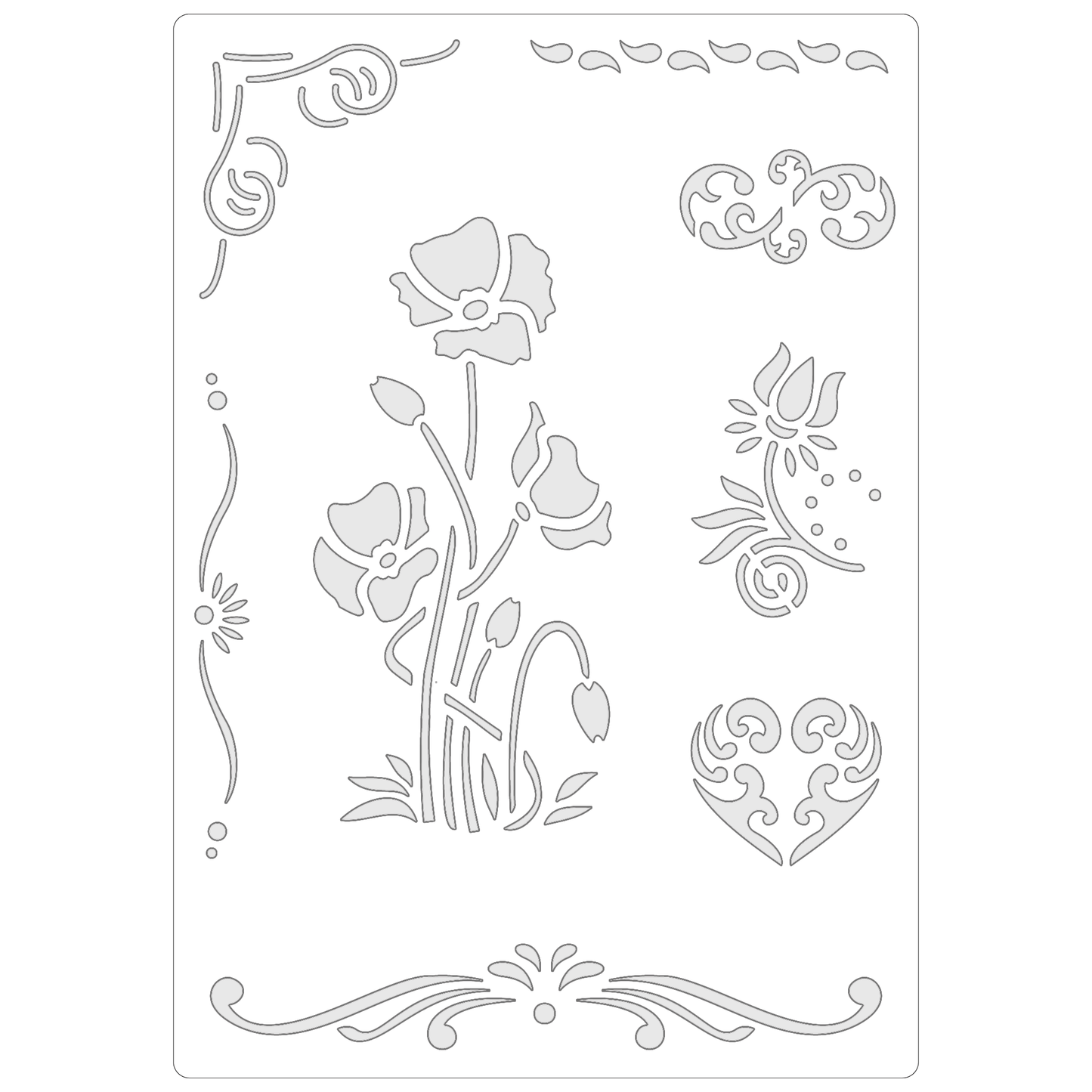 Reusable Stencil - Professional Quality - Poppies & Borders - Made in the UK - Food Safe Non Adhesive -  White Laser Cut PET Material for Cakes, Cookies, Coffees, Serving Plates