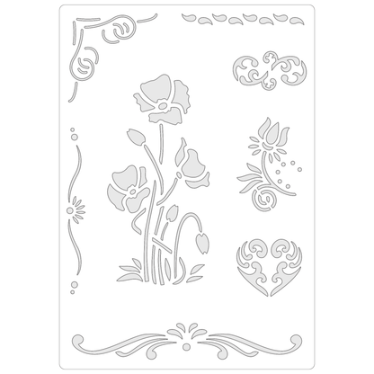 Reusable Stencil - Professional Quality - Poppies & Borders - Made in the UK - Food Safe Non Adhesive -  White Laser Cut PET Material for Cakes, Cookies, Coffees, Serving Plates