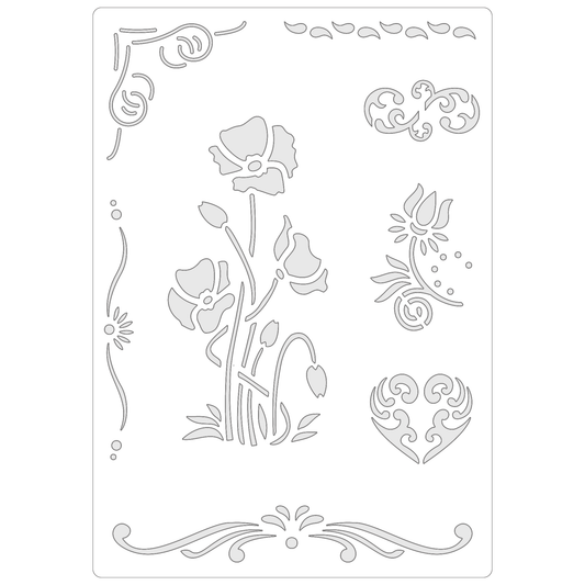 Reusable Stencil - Professional Quality - Poppies & Borders - Made in the UK - Food Safe Non Adhesive -  White Laser Cut PET Material for Cakes, Cookies, Coffees, Serving Plates