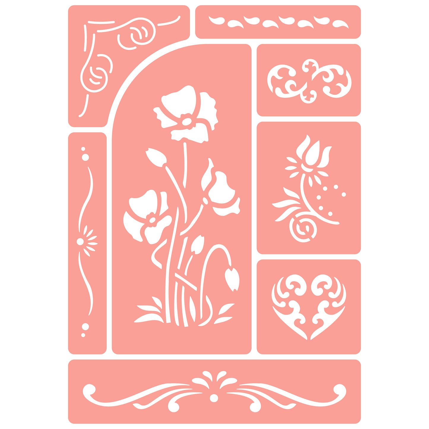 Reusable Stencil - Professional Quality - Poppies & Borders - Made in the UK - High Adhesive -  Pink Vinyl Material for Glass, Mirrors, Bottles, Tiles, Wood