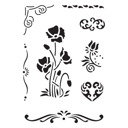 Reusable Stencil - Professional Quality - Poppies & Borders - Made in the UK - Food Safe Non Adhesive -  White Laser Cut PET Material for Cakes, Cookies, Coffees, Serving Plates