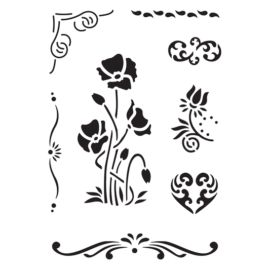Reusable Stencil - Professional Quality - Poppies & Borders - Made in the UK - Food Safe Non Adhesive -  White Laser Cut PET Material for Cakes, Cookies, Coffees, Serving Plates