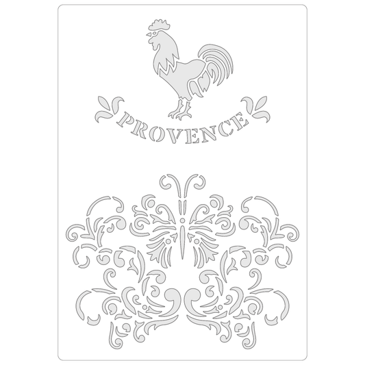 Reusable Stencil - Professional Quality - Provence Cockerel - Made in the UK - Food Safe Non Adhesive -  White Laser Cut PET Material for Cakes, Cookies, Coffees, Serving Plates