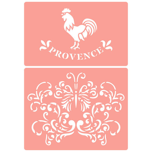 Reusable Stencil - Professional Quality - Provence Cockerel - Made in the UK - High Adhesive -  Pink Vinyl Material for Glass, Mirrors, Bottles, Tiles, Wood