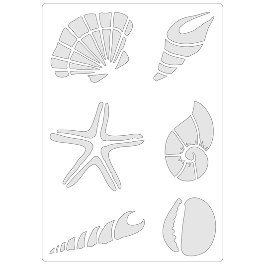 Reusable Stencil - Professional Quality - Realistic Seashell Selection - Made in the UK - Food Safe Non Adhesive -  White Laser Cut PET Material for Cakes, Cookies, Coffees, Serving Plates