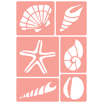 Reusable Stencil - Professional Quality - Realistic Seashell Selection - Made in the UK - High Adhesive -  Pink Vinyl Material for Glass, Mirrors, Bottles, Tiles, Wood