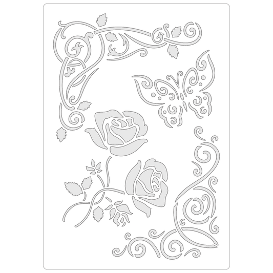 Reusable Stencil - Professional Quality - Rose & Butterfly Corners - Made in the UK - Food Safe Non Adhesive -  White Laser Cut PET Material for Cakes, Cookies, Coffees, Serving Plates