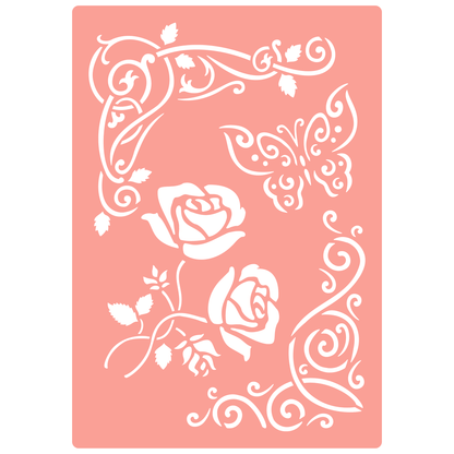 Reusable Stencil - Professional Quality - Rose & Butterfly Corners - Made in the UK - High Adhesive -  Pink Vinyl Material for Glass, Mirrors, Bottles, Tiles, Wood
