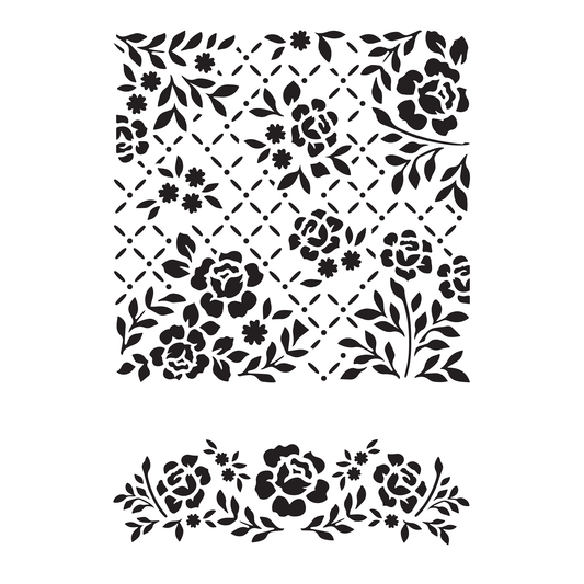 Reusable Stencil - Professional Quality - Rose Background - Made in the UK - Food Safe Non Adhesive -  White Laser Cut PET Material for Cakes, Cookies, Coffees, Serving Plates