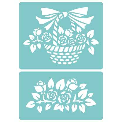 Reusable Stencil - Professional Quality - Rose Basket - Made in the UK - Low Adhesive -  Blue Vinyl Material for Cardmaking, Canvas, Paper, Interior Decor, Layering