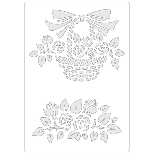 Reusable Stencil - Professional Quality - Rose Basket - Made in the UK - Food Safe Non Adhesive -  White Laser Cut PET Material for Cakes, Cookies, Coffees, Serving Plates