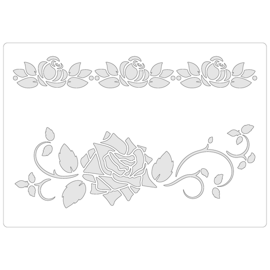 Reusable Stencil - Professional Quality - Rose Border #2 - Made in the UK - Food Safe Non Adhesive -  White Laser Cut PET Material for Cakes, Cookies, Coffees, Serving Plates