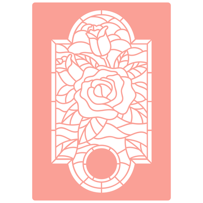 Reusable Stencil - Professional Quality - Rose Stained Glass Window - Made in the UK - High Adhesive -  Pink Vinyl Material for Glass, Mirrors, Bottles, Tiles, Wood