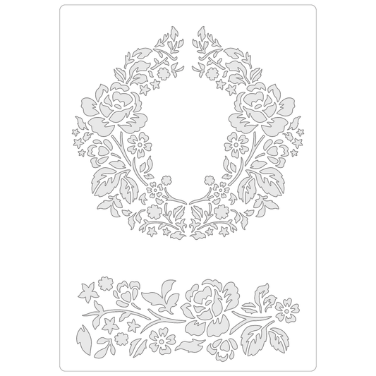 Reusable Stencil - Professional Quality - Roses Frame #3 - Made in the UK - Food Safe Non Adhesive -  White Laser Cut PET Material for Cakes, Cookies, Coffees, Serving Plates