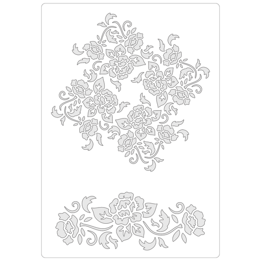 Reusable Stencil - Professional Quality - Roses Pattern - Made in the UK - Food Safe Non Adhesive -  White Laser Cut PET Material for Cakes, Cookies, Coffees, Serving Plates