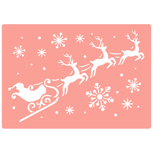 Reusable Stencil - Professional Quality - Santa, Sleigh & Snow - Made in the UK - High Adhesive -  Pink Vinyl Material for Glass, Mirrors, Bottles, Tiles, Wood