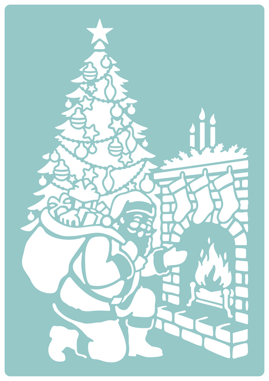 Santa By The Fireplace | Reusable Low-Adhesive Stencil | Blue Vinyl Material for Cardmaking, Canvas, Paper, Interior Decor, Layering | Made in the UK