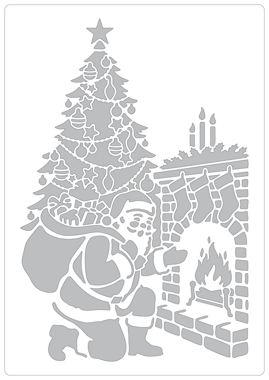 Santa By The Fireplace | Reusable Food Safe Stencil | White Laser Cut PET Material for Cakes, Cookies, Coffees, Serving Plates | Made in the UK