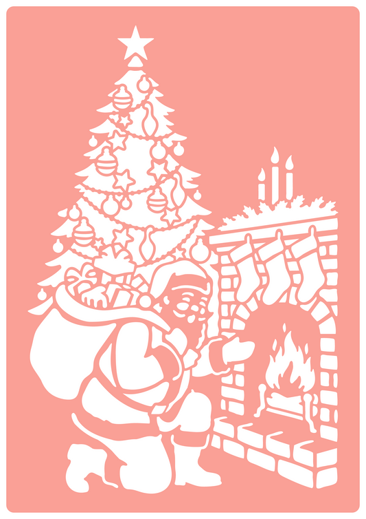 Santa By The Fireplace | Reusable High-Adhesive Stencil | Pink Vinyl Material for Glass, Mirrors, Bottles, Tiles, Wood | Made in the UK